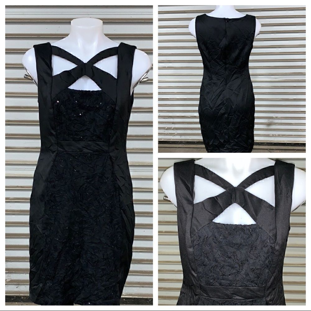 Connected dress evening sheath black career lace sequins cocktail 10 petit